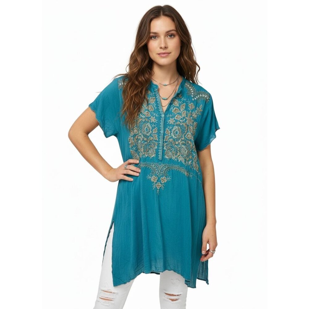 Johnny Was Women's Tunic Top Short Sleeve Teal Tan Embroidery Side Slits Size S